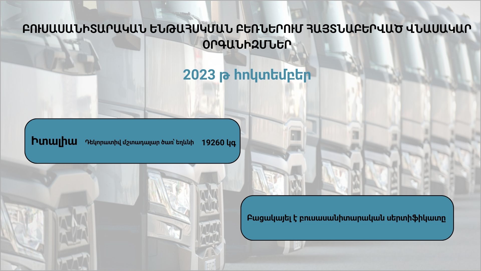 ԲՈՒՍԱՍԱՆԻՏԱՐԱԿԱՆ ԵՆԹԱՀՍԿՄԱՆ ԲԵՌՆԵՐՈՒՄ ՀԱՅՏՆԱԲԵՐՎԱԾ ՎՆԱՍԱԿԱՐ ՕՐԳԱՆԻԶՄՆԵՐ (2023 թ․ հոկտեմբեր)